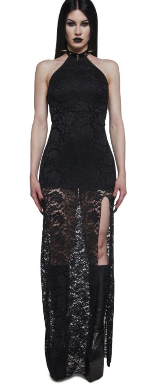 Dolls Kill Widow "Carnal Lace" Black Spiked Halter High Slit Goth Maxi Dress XL